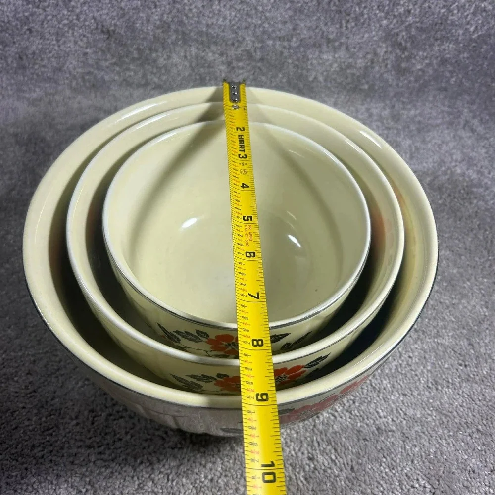 Hall China Mixing Bowls Ivory Red Wild Poppy‎ Floral Nesting Set of 3 Vintage